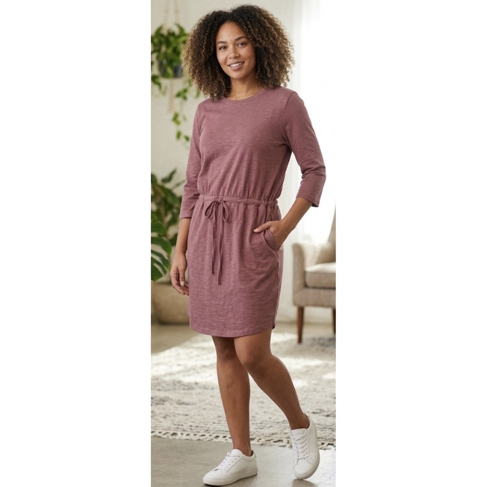 Pact organic cotton mauve tie-waist dress crew neckline Size Small Gorpcore